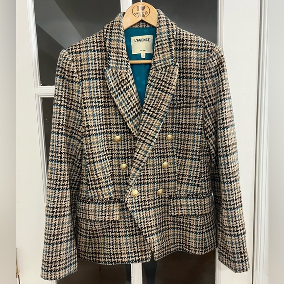 L'AGENCE Kenzie Double Breasted Houndstooth Wool Blend Blazer - Size 8 - Picture 2 of 8